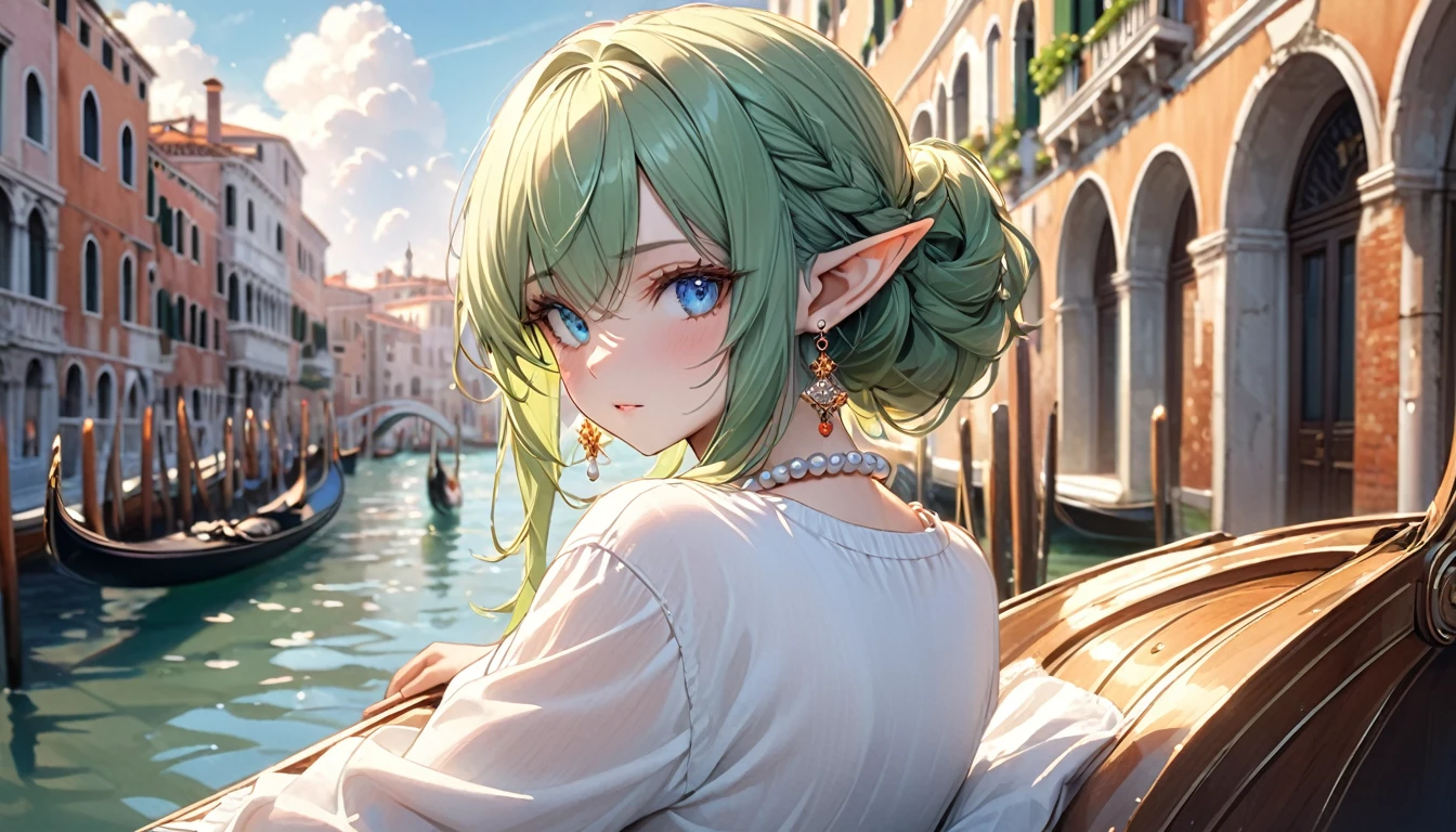 perfect eyes, soft light, high quality, 4k resolution, masterpiece, textured skin, high details, detailed face, detailed eyes, best quality, award winning, super detail, high quality, elf, green hair, half updo, ribbon, bead necklace, pointy ears, crystal earrings, white linen shirt, Roll up the sleeves of her long-sleeved shirt, denim pants, street fashion, casual outfit, cumulonimbus clouds in the background, midsummer sunshine, Gondola ride in Venice, from side