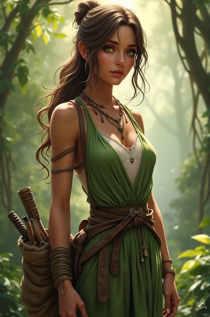 Female Human Druid character, Brown skin and light brown hair with light streaks, one green eye and the other brown. Has a strong connection with nature. Wears a green peasant dress and a tight white bodice that highlights her breasts, Has a belt where she carries her weapons made of recycled materials she finds,  Carries a bag made of tree bark.