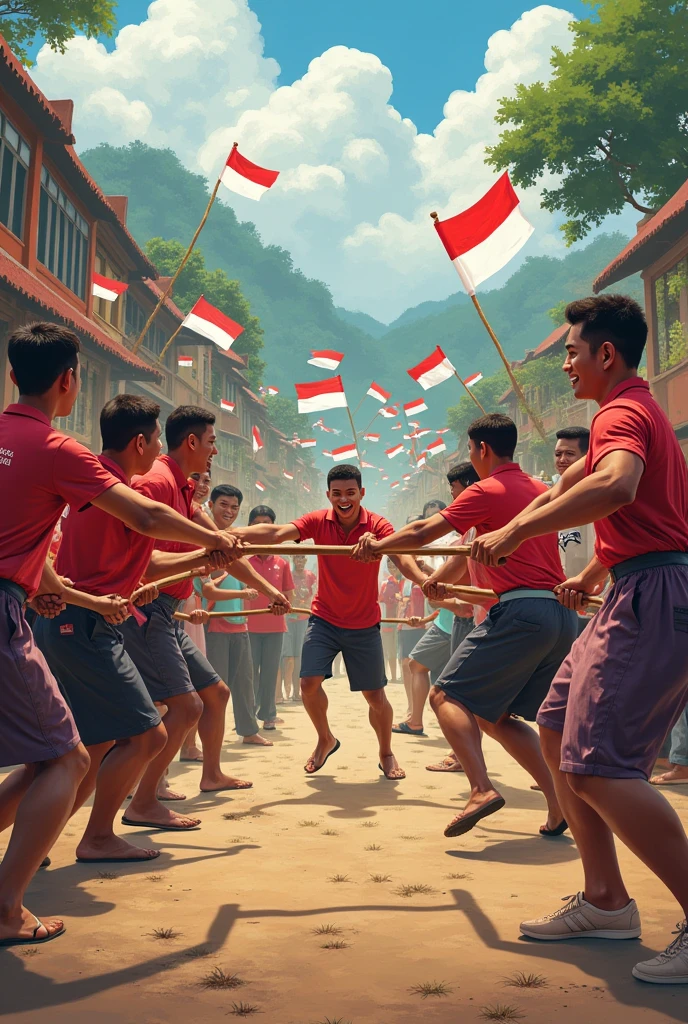 Create a drawing of people participating in a tug-of-war competition to celebrate Indonesia's 79th Independence Day