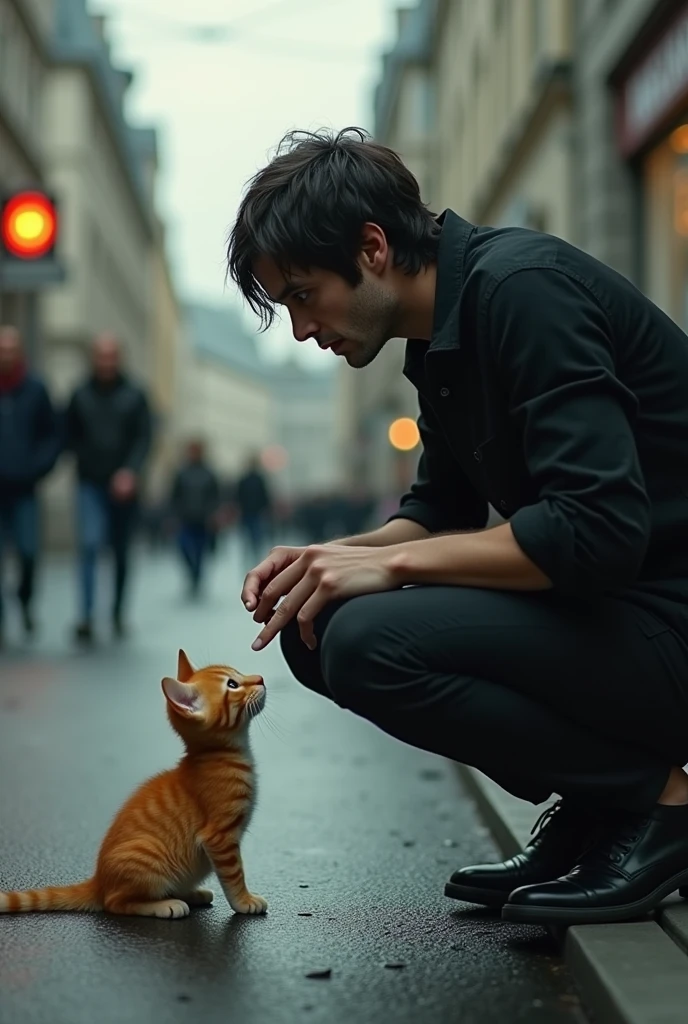 Ek creepy handsome man jisne black shirt and pent pehni h sadak kinare jha aas paas log aa jaa rhe h creepy handsome boy haste huye ginger kitten ko dekh rha h or finger dikha rha h or jor jor se hass rha h