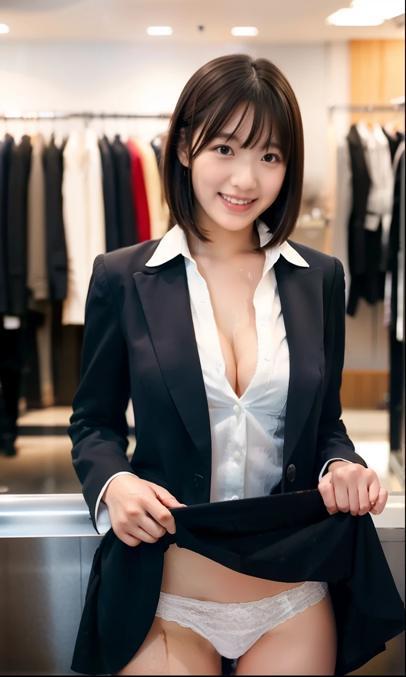 leaning forward:1,bent over,Bright lighting,Suit Shop,(The skin is wet from sweat),(Wearing a shirt:1.2),Suits lined up,looking at the camera,Cleavage,smile,Skirt Lift、Lift your skirt with your hands,woman, 20-year-old, Short Hair、bangs、(Plain suit skirt),(White lace panties)、Cute earrings