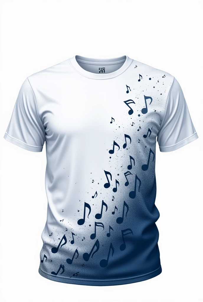 a t-shirt design with a white front and back featuring dark blue musical notes as decoration all over the shirt creating an ombre effect
