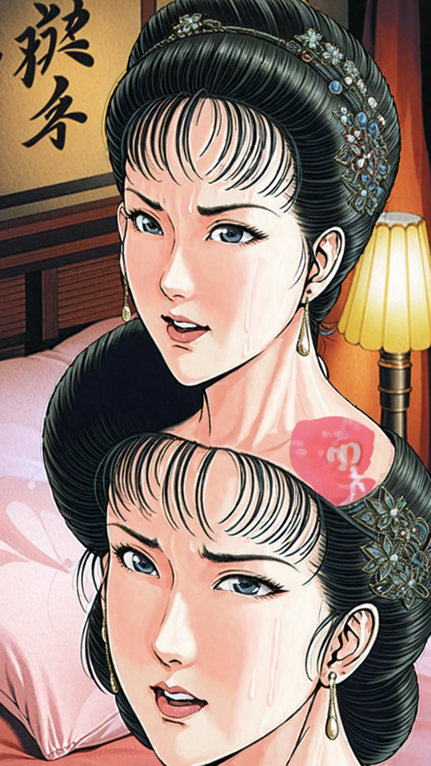 (best quality), (very aesthetic), (ultra-detailed), (best illustration),(a mature female),(perfect face),Suikoden,Mrs. Lin,(((NSFW))),(((full_NUDE))),screaming,open her mouth,red cheek,sweating,skinny,flushed skin,((Lying face up on the bed)),The back of her head is resting on the pillow,traditional Chinese bedroom,