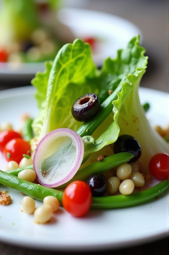gourmet minimalist plating idea for a salad with white onion. romaine lettuce, purple Onion, fresh asparagus, baby green beans, pearl tomato and pitted black and green olives