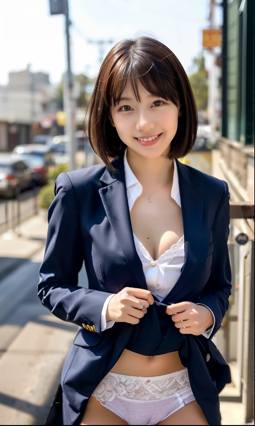 leaning forward:1,bent over,Bright lighting,Suit Shop,(The skin is wet from sweat),(Wearing a shirt:1.2),Suits lined up,looking at the camera,Cleavage,smile,Skirt Lift、Lift your skirt with your hands,woman, 20-year-old, Short Hair、bangs、(Plain suit skirt),(White lace panties)、Cute earrings