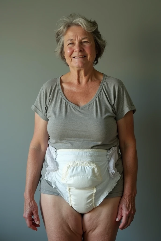 Create a middle-aged woman with a visible diaper.