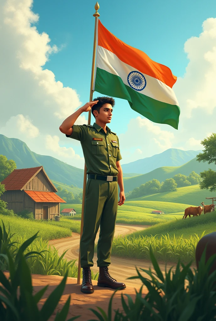 A Former. with a decent body, trendy haircut age around twenty one saluting indian flag With all respect in the farm