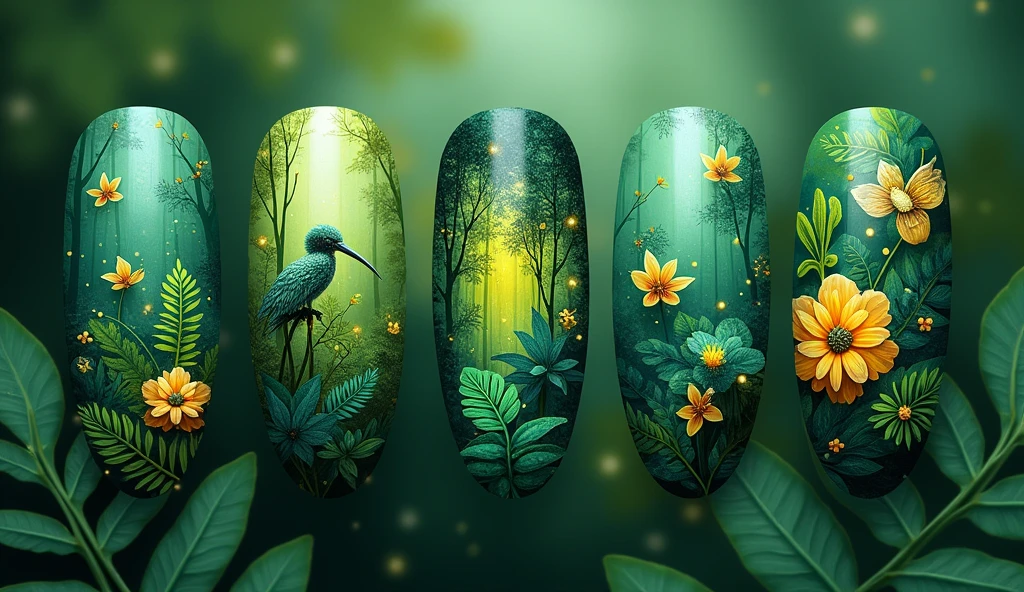 Tropical Fantasy Forest Nail Art: Step into a vibrant fantasy with this enchanting design. Each nail is painted in a lush gradient of deep jungle green and bright fern green. The design features whimsical patterns of enchanted tropical creatures like glowing fireflies and mythical birds perched among intricate, oversized leaves. The background is a dreamy, misty emerald that enhances the forest-like ambiance.






