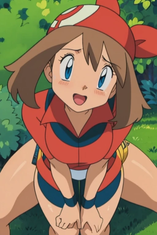 score_9, score_8_up, score_7_up, score_6_up, score_5_up, score_4_up, BREAK, source_anime, anime screencap, anime coloring, PokemonStyle, pokemon \(anime\), pokemon \(classic anime\), 1girl, solo, perfect anatomy, breasts, may \(pokemon\), smile, looking at viewer, navel, (gym uniform, short sleeves, white shirt, shirt-in, under sized micro blue buruma, zettai ryouiki white thighhighs), sagging huge_breasts, tarechichi, erect nipples, thigh gap, indoor, double v, squatting, open legs, (unshaven hairy natural public hair:1.3)