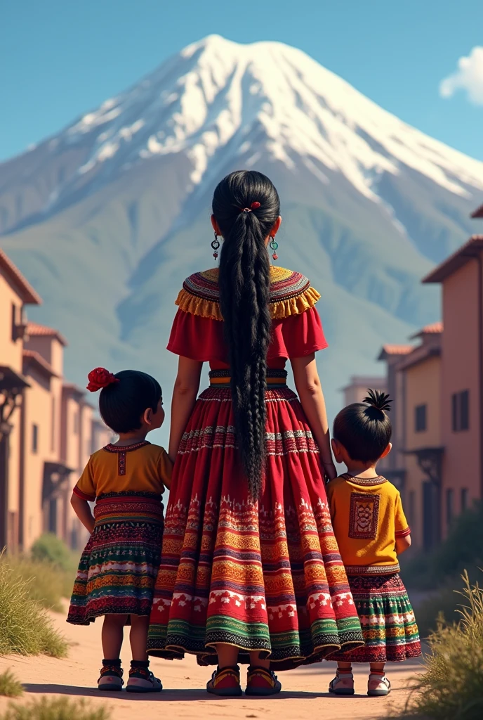 A cholita with 2 braids , voluminous skirt that reaches the knee, with his son and daughter facing forward with the city of La Paz and the Illimani mountain in the background