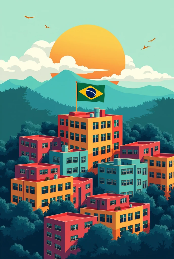 Create a GTA logo with the name "Grajau Roleplay" with an image of a favela and the house has a Brazilian flag. Replace the name GTA with "Grajau Roleplay". Replace the building with a favela and the image should be a vector
Replace the buildings with a favela with hills of SP, with modernist style drawing, keeping the favela only in the center of the image