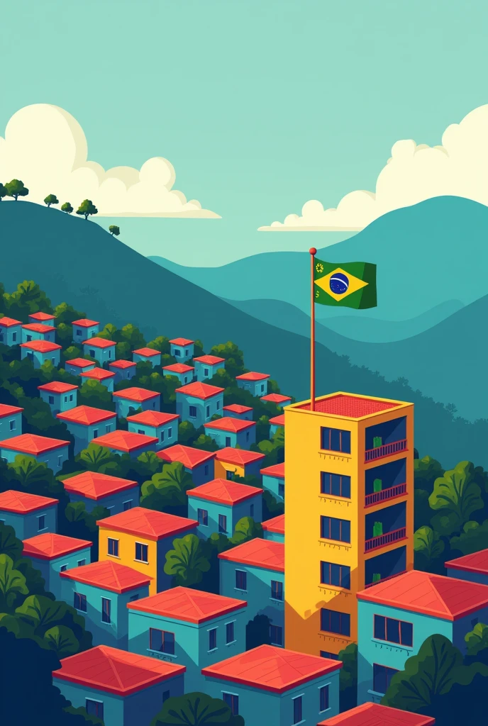 Create a GTA logo with the name "Grajau Roleplay" with an image of a favela and the house has a Brazilian flag. Replace the name GTA with "Grajau Roleplay". Replace the building with a favela and the image should be a vector
Replace the buildings with a favela with hills of SP, with modernist style drawing, keeping the favela only in the center of the image
