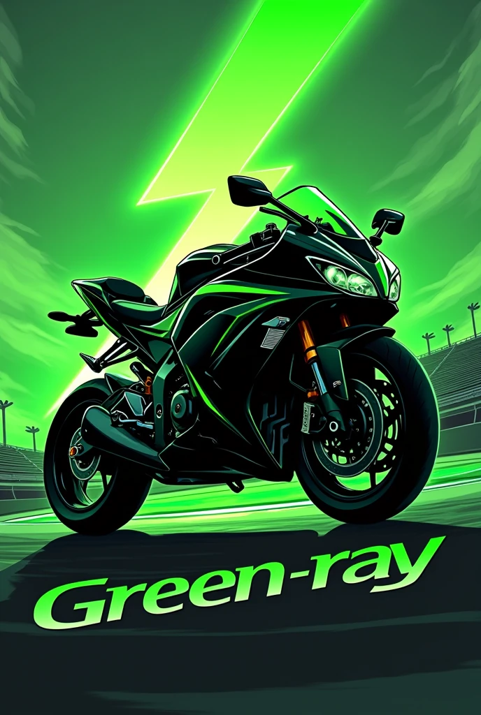 The black silhouette of a green Lightning combined with a Kawasaki Ninja 300 displacement motorcycle, falling on the track, The bike is in profile and under the surface it says "Green ray", It's an epic and eye-catching logo design, drawing style.
