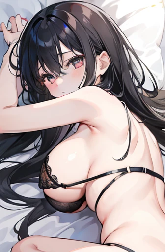 Girl with long black hair, hair between the eyes, lying on a bed, showing her butt to the camera, revealing her vagina, black bra, usando um black bra