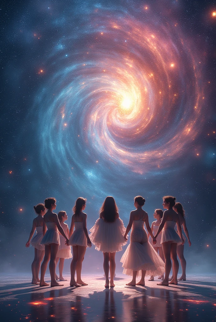 create me a picture of pose for 9 people that is featuring the galaxy, in the stage. in the most creative way