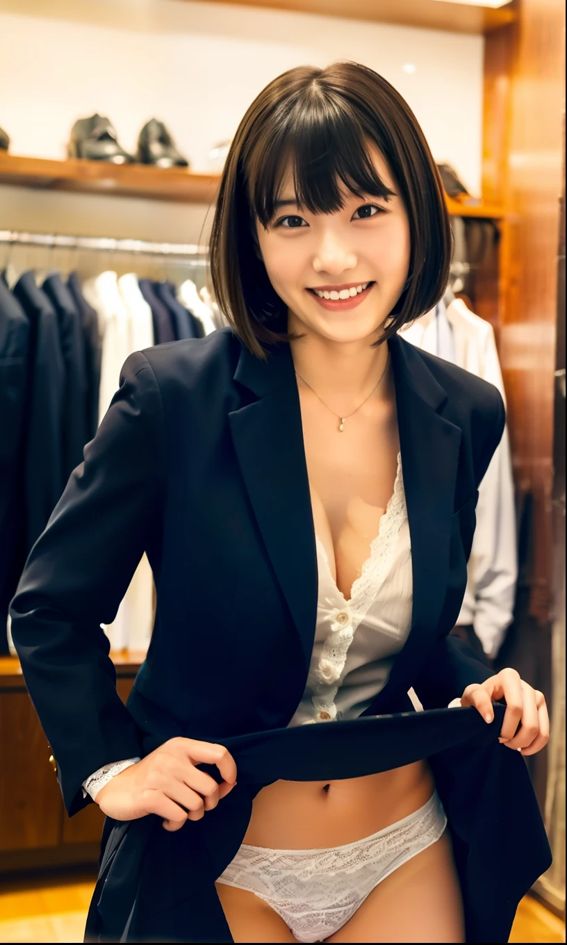 leaning forward:1,bent over,Inside a suit shop,(The skin is wet from sweat),(Wearing a shirt:1.2),Suits lined up,looking at the camera,Cleavage,smile,Skirt Lift、Lift your skirt with your hands,woman, 20-year-old, Short Hair、bangs、(Plain suit skirt),(White lace panties)、Cute earrings