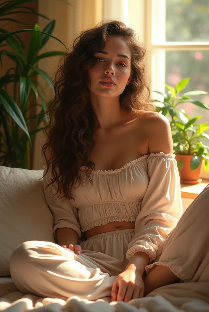 (photorealism:1.2), beautiful woman, sitting on bed, wearing loose off-shoulder top, pajama pants, long curly hair, indoors, soft lighting, plants in background, window with sunlight, cozy room, relaxed pose, realistic, intricate details, warm colors, by Greg Rutkowski, by Alphonse Mucha
