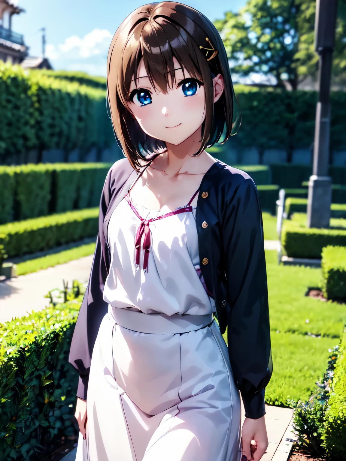 Highest quality、(Anime illustration style:1.5),High resolution、whole body、Standing、garden、hayate yagami、Shortcuts、Beautiful brown hair、Beautiful and attractive blue eyes、Cross hair clip、smile、Very detailedな顔、Closed Mouth、smile、camisole、Long skirt、1 person、Beautiful Eyes, Sharp pupils, Sharp focus, (Very detailed, bloom, Shine)、(Genuine、Realistic、Realistic)、High resolution、超High resolution、Ultra-fine painting、Cowboy Shot、