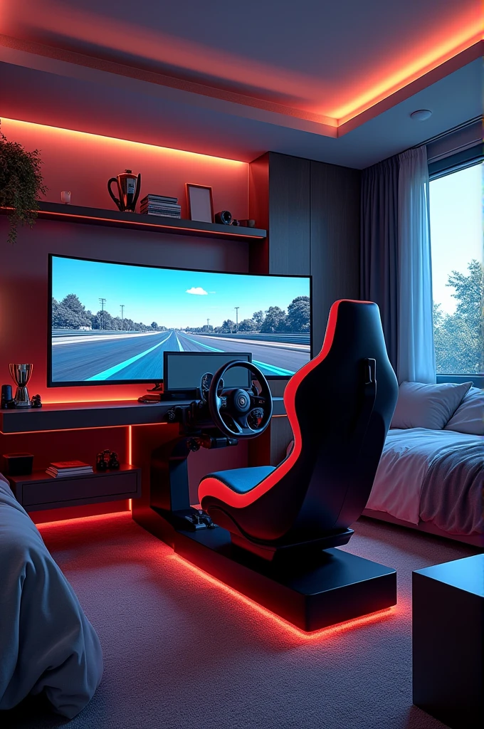 bedroom, sports car, racing simulator, bed, closet, chair