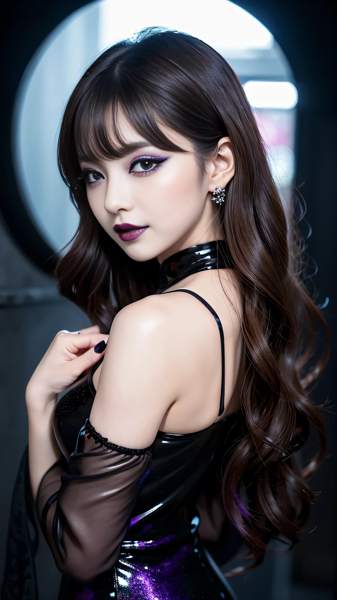 best quality、ultra-detailed、8k、Japanese、Seductive beauty、seductive adult woman、Pretty Woman、cool girl、smirk、Wicked Smile、Villainess、brainwash makeup、brainwash、Fallen into evil、Evil look、evil、Brown hair、wavy hair、swept bangs、dark makeup、piercing eyes、hollow eyes,half-closed eyes、Hollow Eyes、purple Eyeshadow、black lipstick、black lipglos、Purple Eyeshadow、black lipstick、black lip gloss、Dark Makeup、Black Chinese Dress、night、inside darkroom、Kiss、I have lipstick、Are standing、Offer、shoot from below