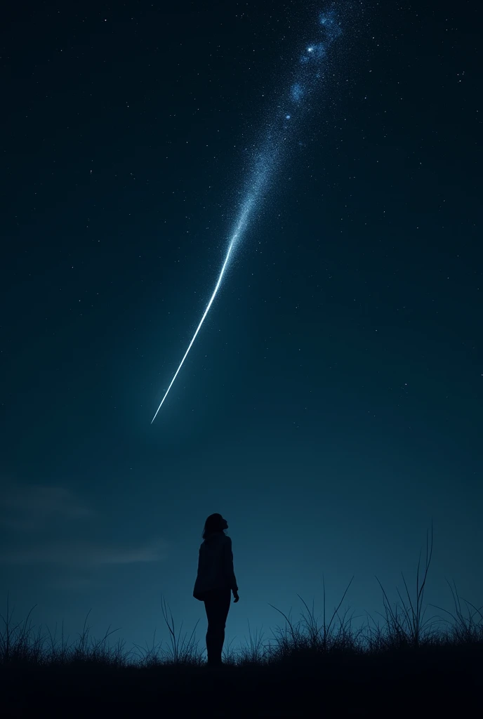 A photograph of a shooting star and a person watching it pass