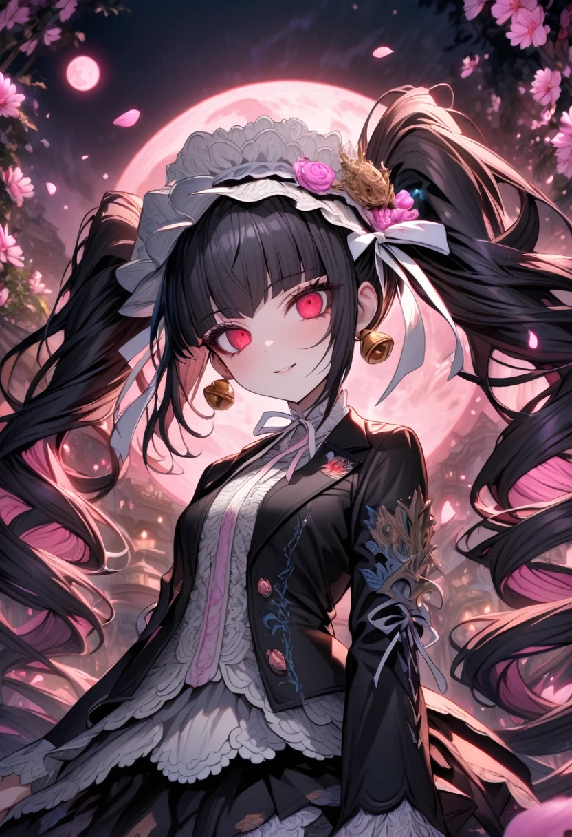 Ultra detailed, highres, absurdres, HDR, master piece, Celestia Ludenberg, black hair tied into two twin-drill pigtails, white bonnet, expressive red eyes, black jacket, white shirt, black skirt, black stockings, Danganronpa, pink flowers, petals, fireflies, pink moon, woman sitti, solo, extremely beautiful, very detailed face and eyes, best quality, fantasy, magical,