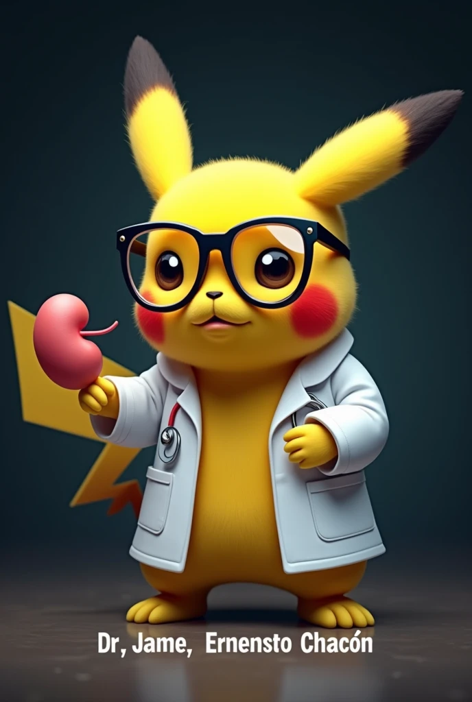 Pikachu dressed as a doctor with square glasses and a little kidney in his hand that at the bottom of the image says Dr.. Jaime Ernesto Chacón and the background of the image should be black