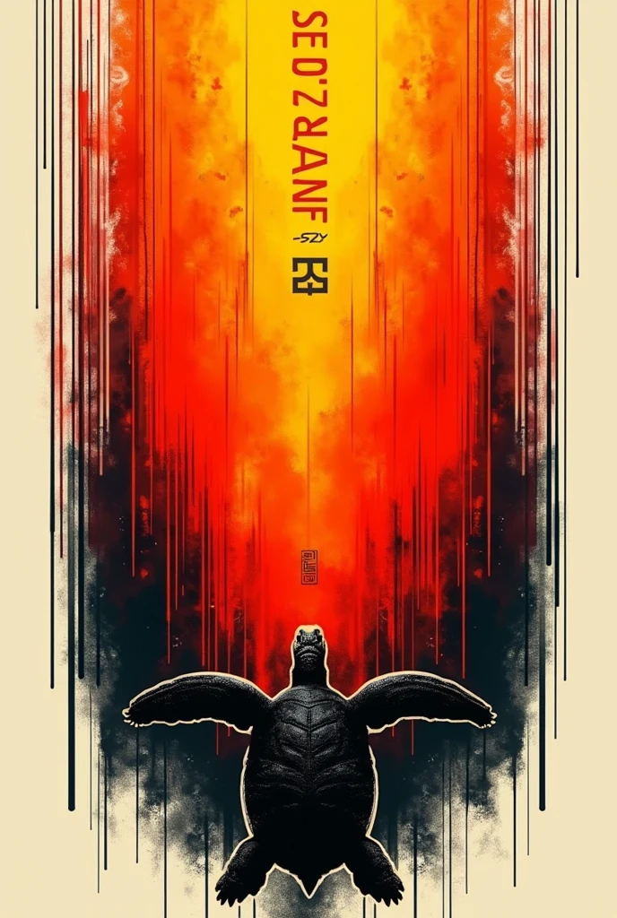 Un fond rouge et jaune en dégradé de flamme et des petites lignes noires avec une inscription qui dit ZFR EVANM-59 et une tortue en bas