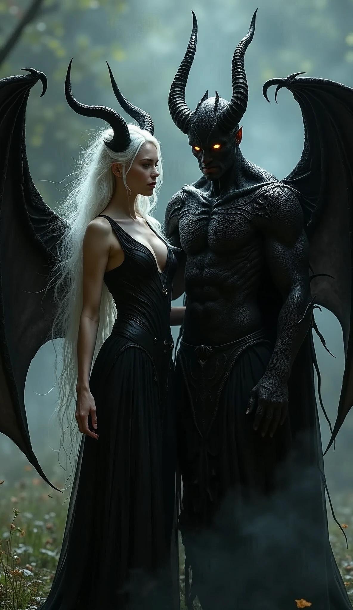 A beautiful white haired woman with black horns and bat wings in the background stands next to an evil demon man, who is wearing all black . The style of dark fantasy art, black dragon scales on his body, glowing eyes, smoke effects, photorealistic techniques, black hair, sharp shadows, fantasy characters. 