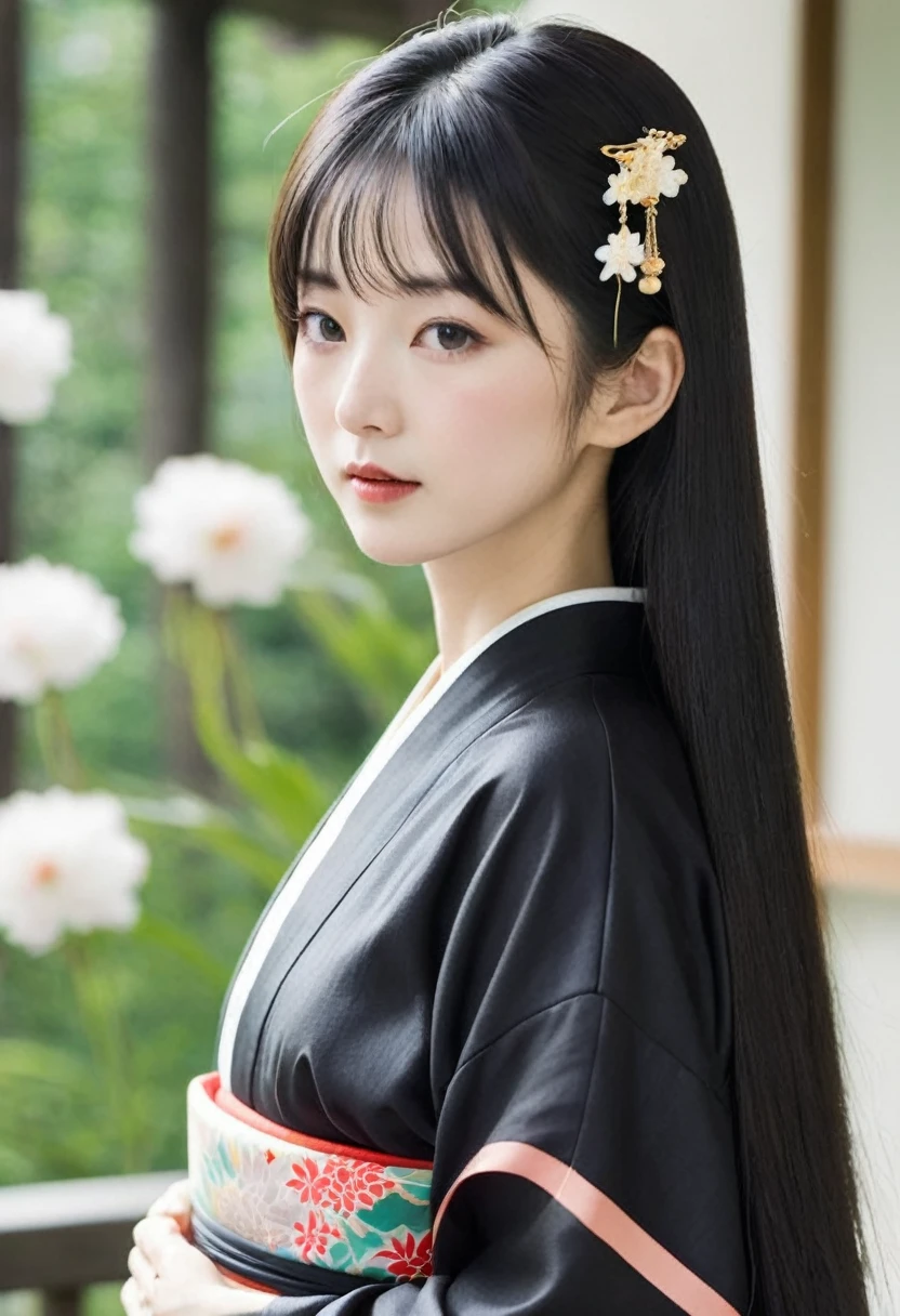 black long hair。smooth。obvious。female。young。wearing a kimono。summer。Hanging ornaments。
