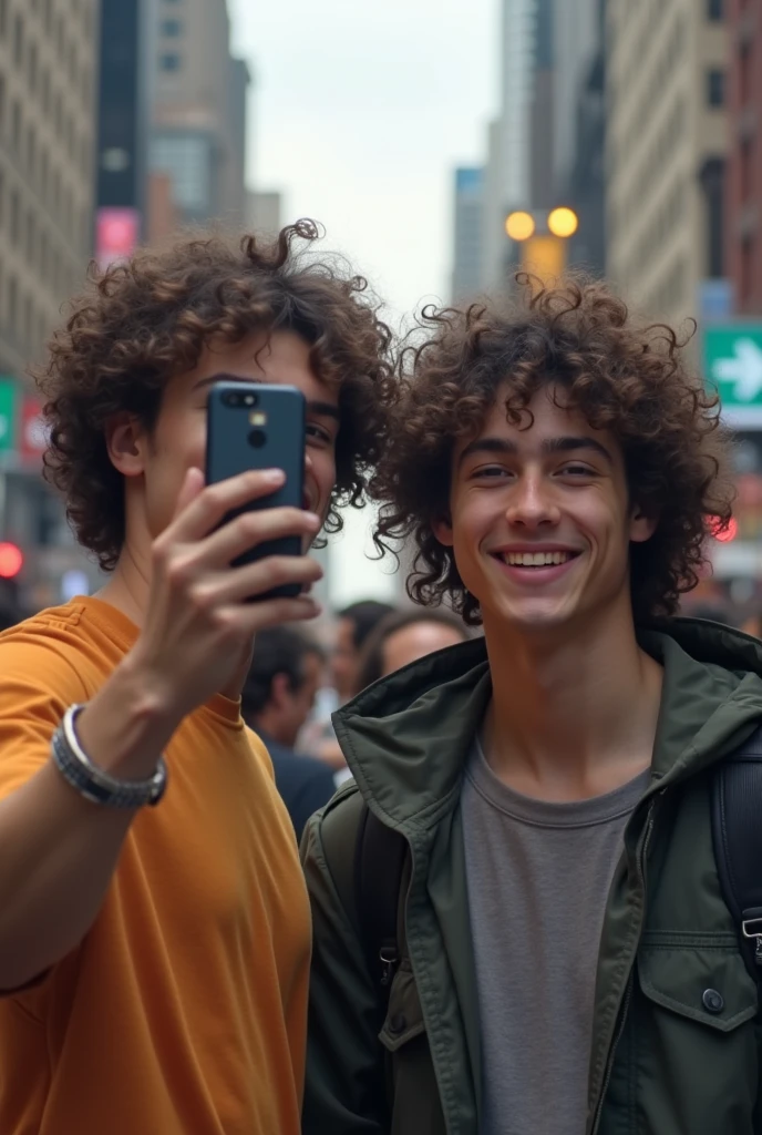Young curly-haired guy in New York taking a picture with Joji