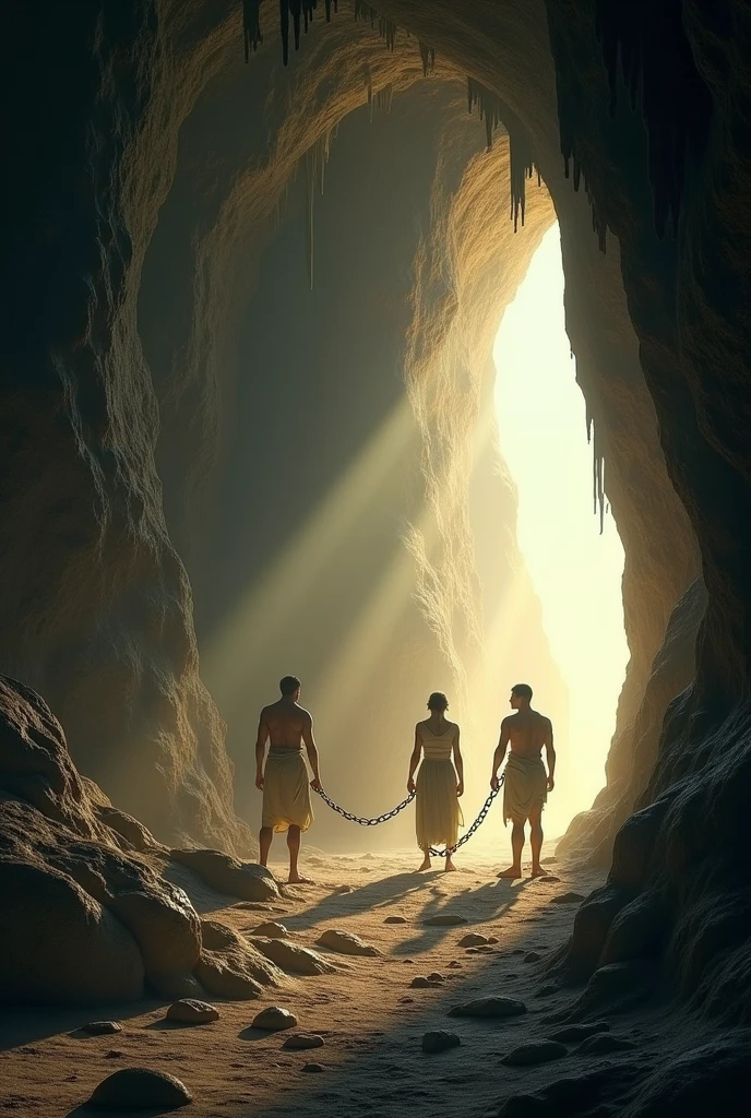 Create an image about the myth of the cave with three people 