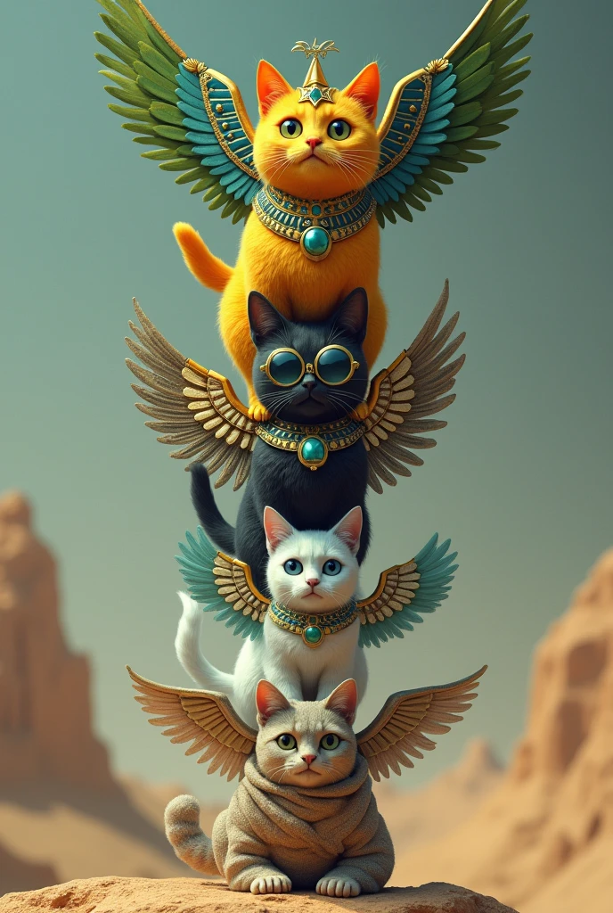 Yellow cat with green winged Egyptian hat, on top of a black cat with winged glasses, on top of a cat with a winged traffic cone, on top of a winged ice cat, on top of a winged robot cat, on top of a mummy cat.
 



