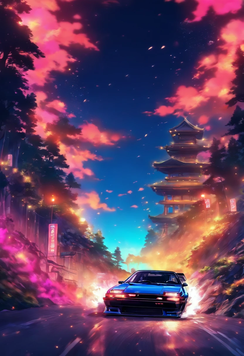 AE86、Late Night、descending a mountain pass、Sharp curve、inertia drift、Driver's Perspective、RX7、competition、Two cars、Highest quality