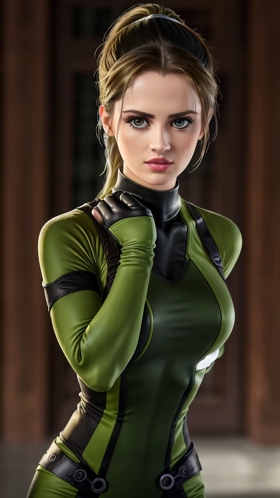 ((Laura Marano)) as ((Sonya Blade)), (black ponytail), wearing green and white suit, ((photorealistic), realistic face), beautifully detailed woman, realistic face, detailed mouth, extremely detailed eyes_and_face, beautiful attractive face, beautiful detailed eyes, (photorealistic), pronounced feminine feature, perfect fit body, smooth skin, dynamic posing, toned body, flat belly, perfect feminine hands, color HD photo, autochrome, (full-body shot, high quality photo, masterpiece), HDR, 8K resolution, analogue RAW DSLR, best quality, absurdres, vivid vibrant colors, skin pores, intricate detail, (intricately detailed face_and_eyes), realistic human hands, sophisticated detail, (realistic lighting, sharp focus), centerfold, bokeh, official art, 8k wallpaper, ultra high res, professional photography