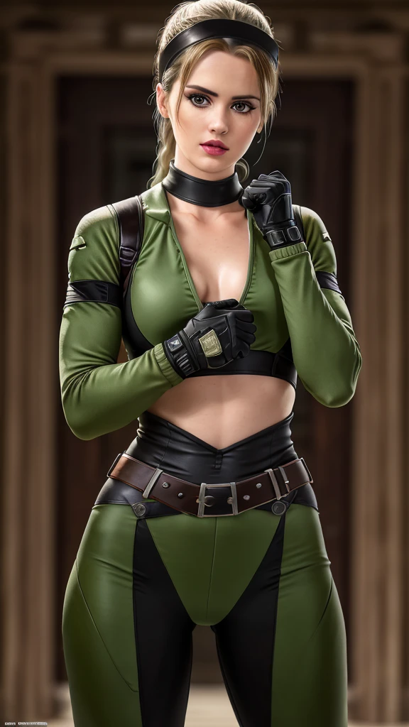 ((Laura Marano)) as ((Sonya Blade)), (black ponytail), wearing green and white suit, ((photorealistic), realistic face), beautifully detailed woman, realistic face, detailed mouth, extremely detailed eyes_and_face, beautiful attractive face, beautiful detailed eyes, (photorealistic), pronounced feminine feature, perfect fit body, smooth skin, dynamic posing, toned body, flat belly, perfect feminine hands, color HD photo, autochrome, (full-body shot, high quality photo, masterpiece), HDR, 8K resolution, analogue RAW DSLR, best quality, absurdres, vivid vibrant colors, skin pores, intricate detail, (intricately detailed face_and_eyes), realistic human hands, sophisticated detail, (realistic lighting, sharp focus), centerfold, bokeh, official art, 8k wallpaper, ultra high res, professional photography