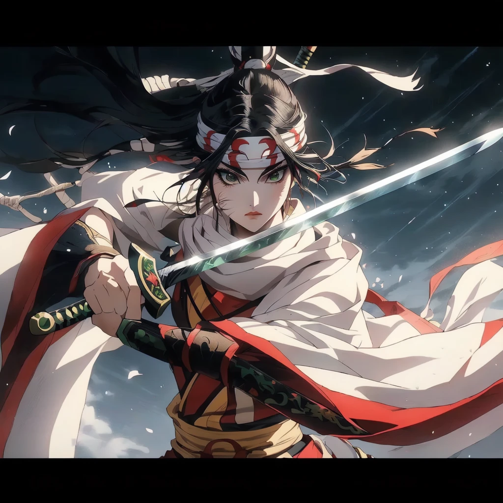 anime character with sword and cape holding sword in front of a sky, she is holding a katana sword, sengoku - era art style, onmyoji detailed art, demon slayer rui fanart, anime epic artwork, amaterasu, badass anime 8 k, dramatic wielding katana pose, she is holding a sword, advanced digital anime art ”, female samurai