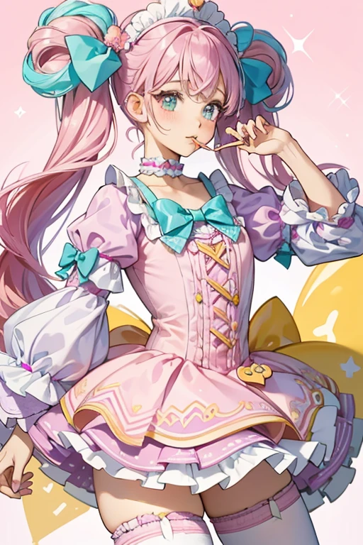 This ta has pink lips and teal hair worn in pigtails held by a heart swirl lollipop; the right is yellow and the left is pink. Her pink bangs are split at the center with a thick curl layered over them to match her forelocks. She wears a lilac scalloped layered top with frilly sleeves and a yellow heart swirl lollipop at the middle, a swirl split skirt half-pink and -purple, teal tights, and violet shoes each adorned by a swirl lollipop on a bow wrapper. SPARKLE; GLITTER
