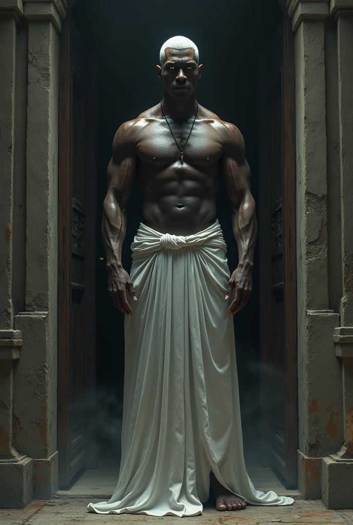 A 25-year-old pervert priest, tall, 195 cm, black-skinned, with a round face, short white hair, yellow eyes, and a body like a full body, his flat, broad chest is pierced, and the sides of his body are sculpted, narrowing as they reach the waist, embroidered with lines of various muscles until they reach a slender waist, and the features of his body are visible, starting from the shoulder muscles and under the armpits, with the abdominal muscles and their flatness, and the muscles of his thighs, shaped in a way that is consistent with the sculpture of his body, and he wears a transparent white Greek phrase that covers his naked body, and he has a long, hard, wide, swollen, black, circumcised penis with swollen veins, and he stands at the entrance door of the temple