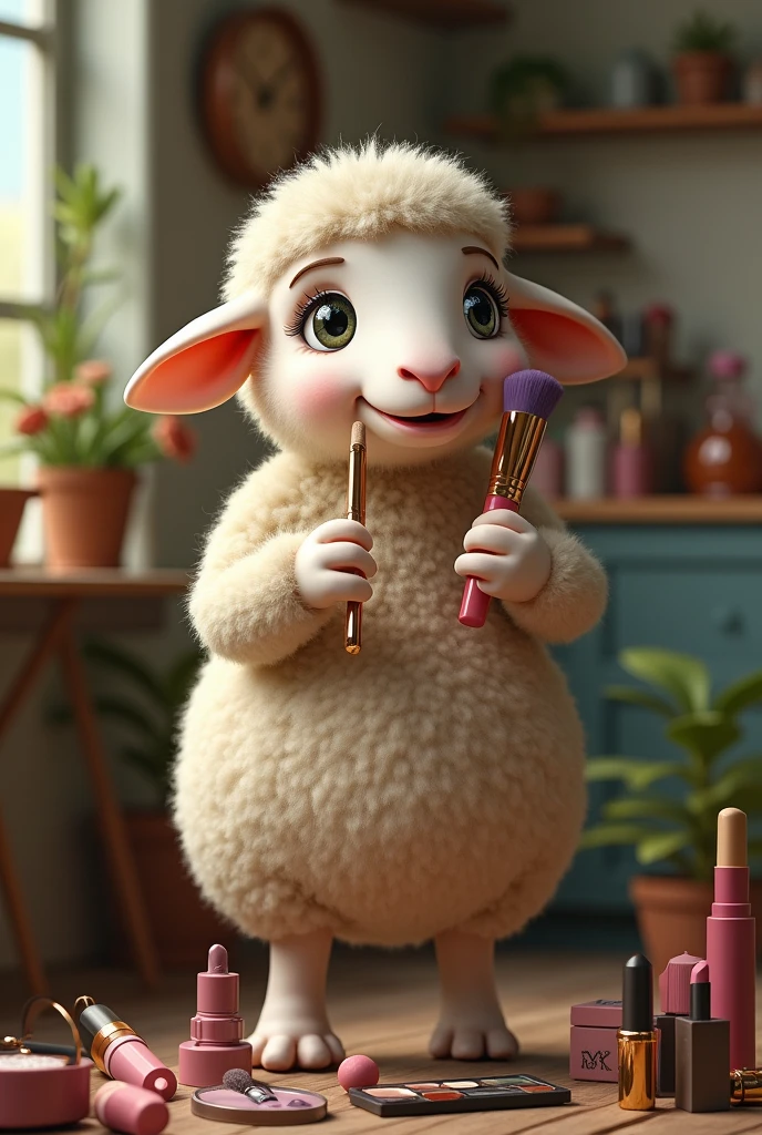A sheep putting on makeup
