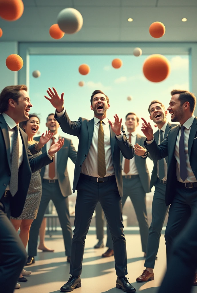 A group of businessmen, men and women, In an office, playing shuttlecock, desperate, hurried, several bouncy balls