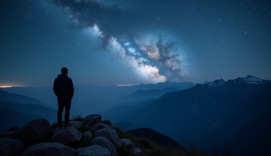 A man standing at the top of a giant mountain, looking to starry night sky. Nature Photography, natural lighting.