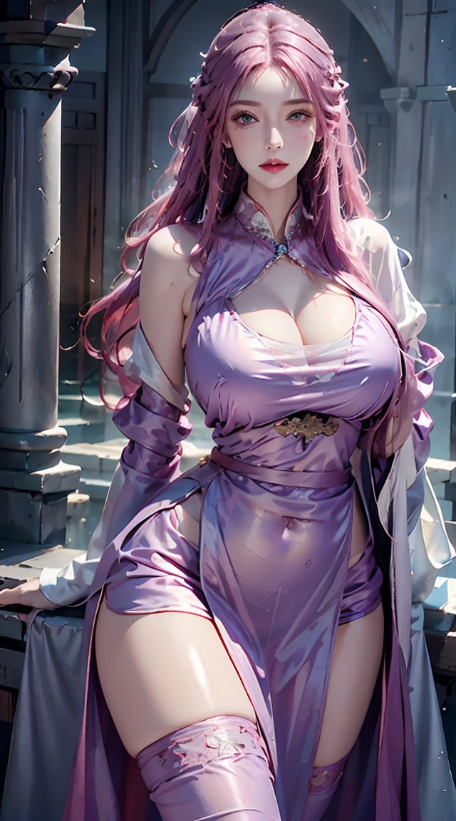 photorealistic, high resolution, 1women, high and tall model body structure, wet skin, shining skin, solo, hips up, tattoo, jewelry, pink lips, double lips, long purple hair, blue eyes, transparent hanfu dress, closed mouth, castle, full armor, red armor, raising breast