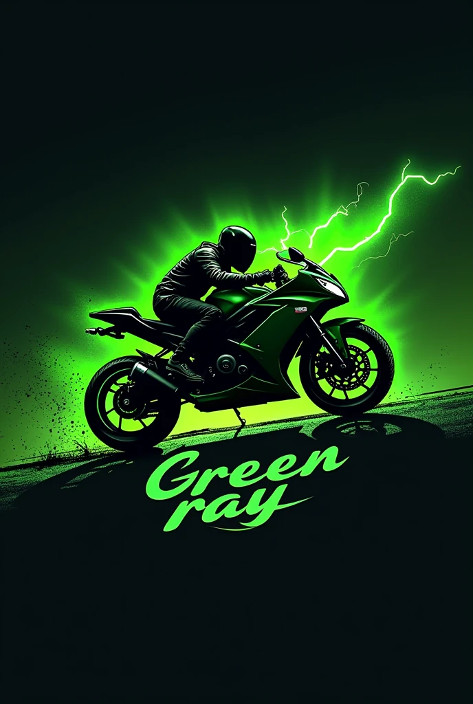 The silhouette of a green lightning bolt combined with a Kawasaki Ninja 300 motorcycle., falling on the track, The bike is in profile and under the surface it says "Green ray", It's an epic and eye-catching logo design, drawing style.