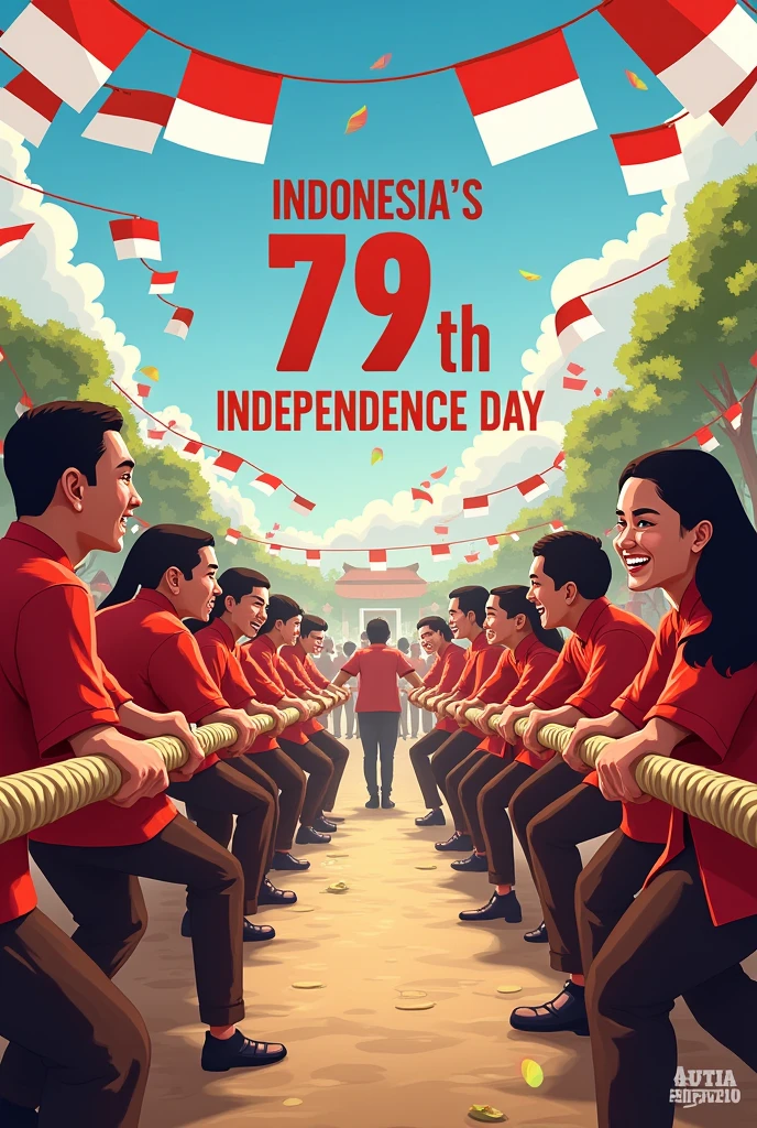 Draw me a picture of people participating in a tug-of-war competition to celebrate Indonesia's 79th Independence Day with the text " INDONESIA'S 79th INDEPENDENCE DAY"
