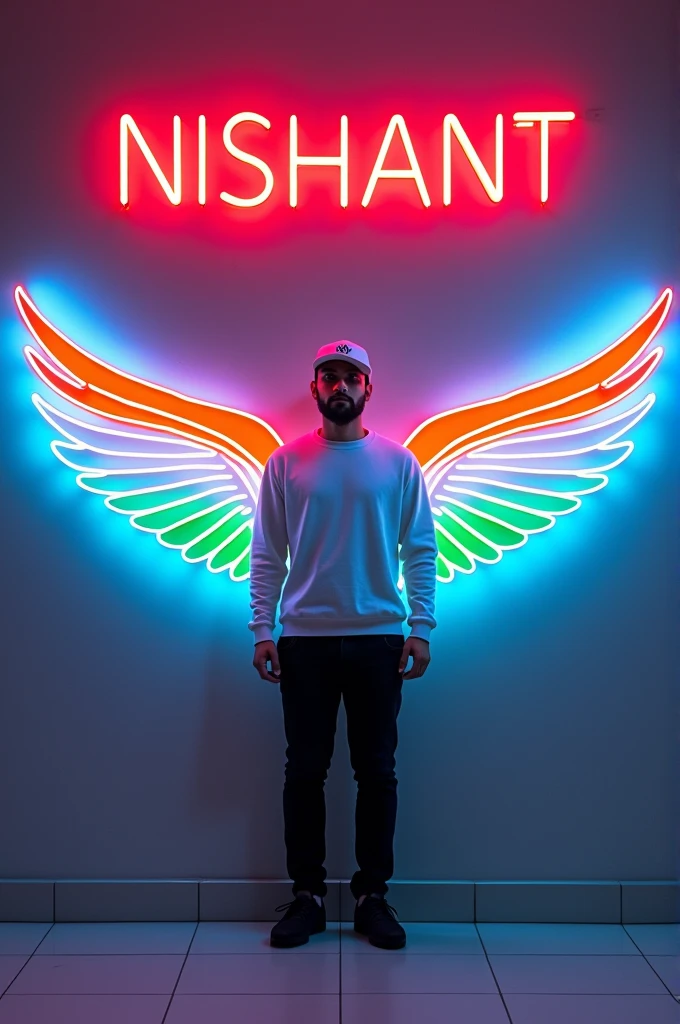  In this striking and futuristic scene, a mysterious individual stands confidently in front of a mesmerizing neon wall. The individual’s casual attire – a white sweater, white cap, black pants, and black shoes – contrasts with the vibrant neon wings in indian flag color, symmetrically placed on either side of the figure. The bold red neon quote “NISHANT” adds an inspiring touch to the composition. The floor, made of tiles, reflects the grayish hue of the wall