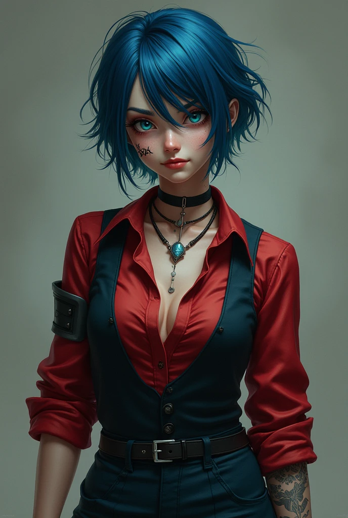 youthful woman, has short, messy hair, dark blue color , eyes with pool blue iris, has a scar on her right cheek. Has a clear, soft and well-maintained skin, with several ritualistic scar and tattoo marks. The girl is dressed in a crimson dress shirt with black pieces, over a dark vest and dark blue pants that go with the look from below, as accompanying accessories Evelyn wears a single glove on her right hand