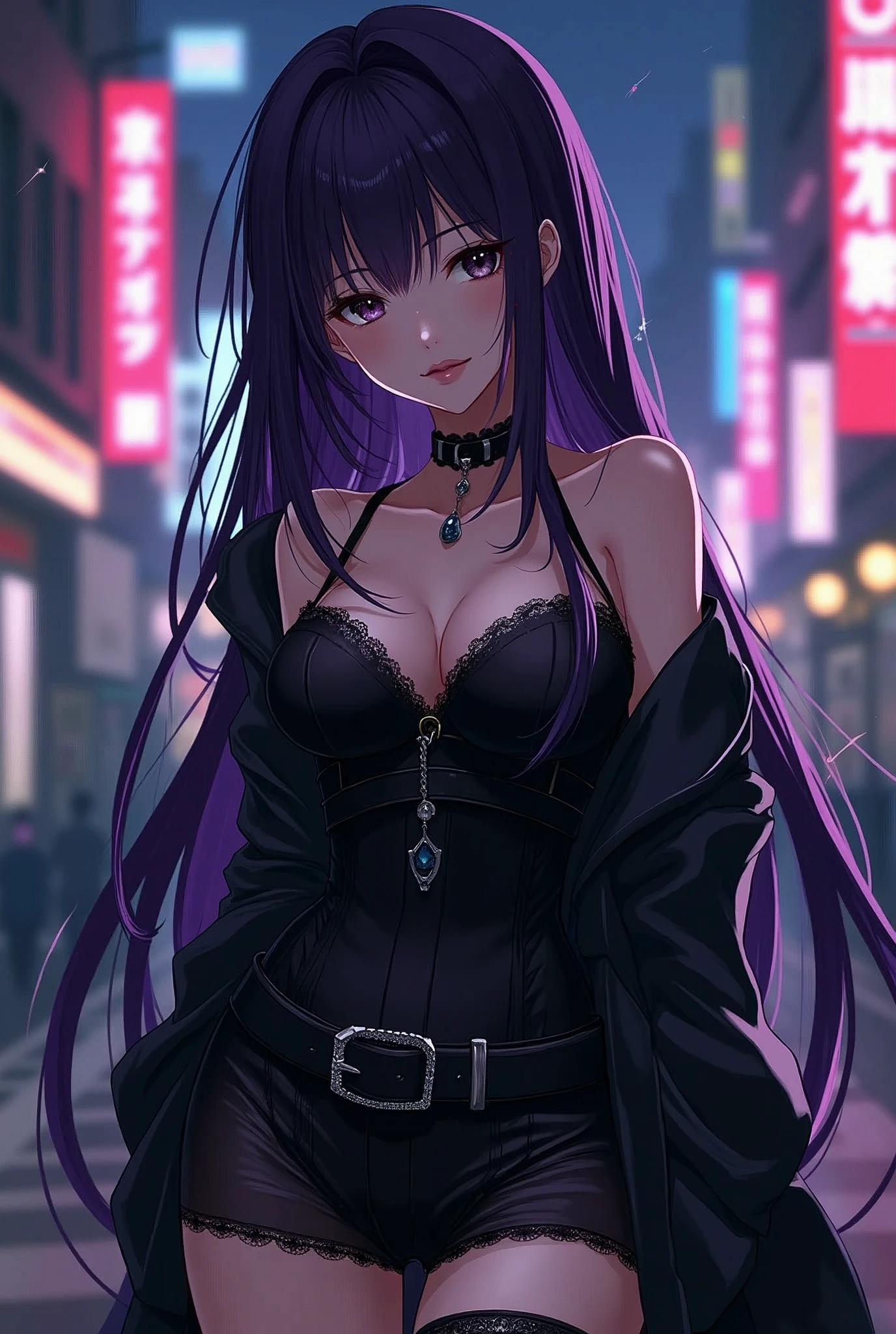 anime style Tokyo Ghoul, attractive, cute, and mysterious girl, long dark purple hair with black streaks, black eyes and gothic clothing style, voluptuous figure, light brown skin with cool undertones