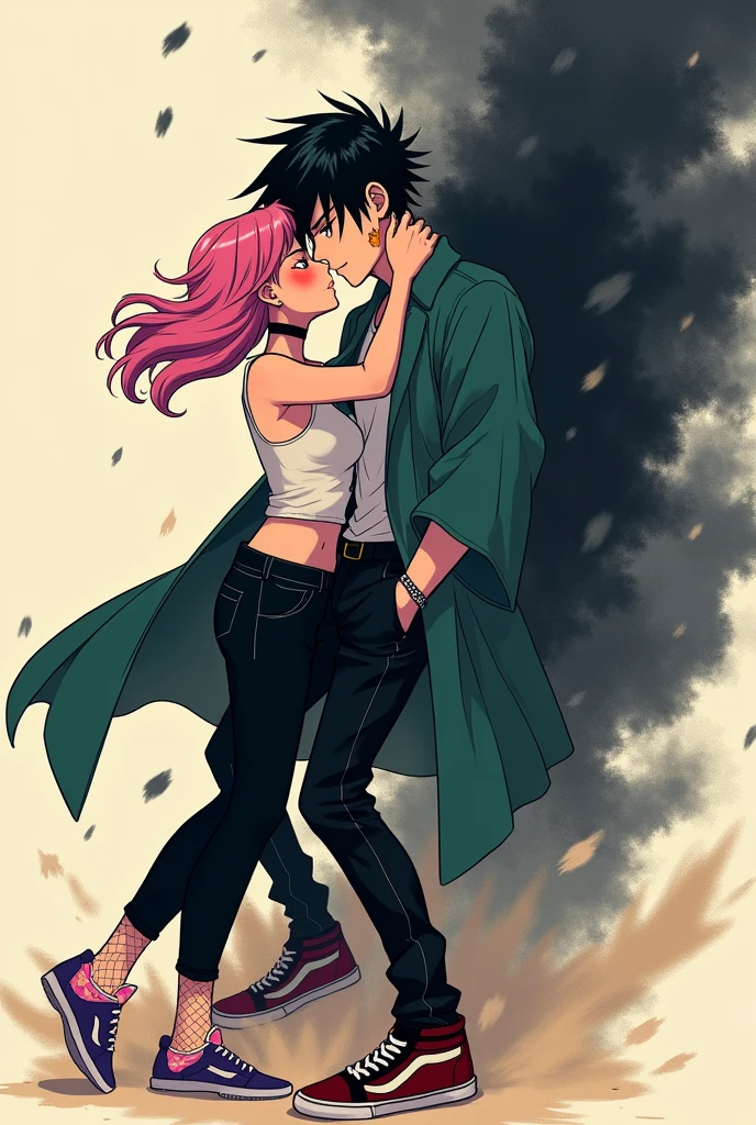 Create an illustration of an 18-19 year old boy,short black hair with orange eyes, giant burn scar on the left side of the face, skin fair, wearing an open green haori, white undershirt, black pants and a pair of red and black sneakers, transforming his right side into black sand and manipulating a black sandstorm. Like a 17-18 year old girl with pink hair, gold eyes, wearing a white top with a pink bunny print, Fishnet pantyhose, Black baggy pants, pair of purple shoes, wearing choker, kissing his neck.