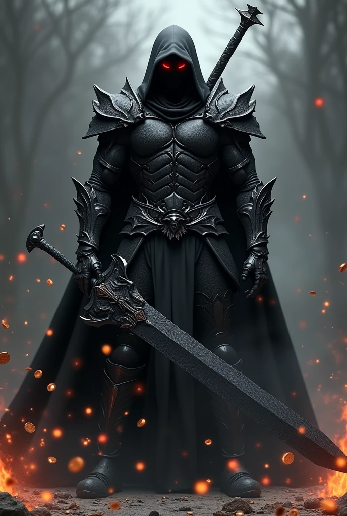 3D Black swordsman with a black aura wielding a double-sized black sword with black flames around it and gold coins